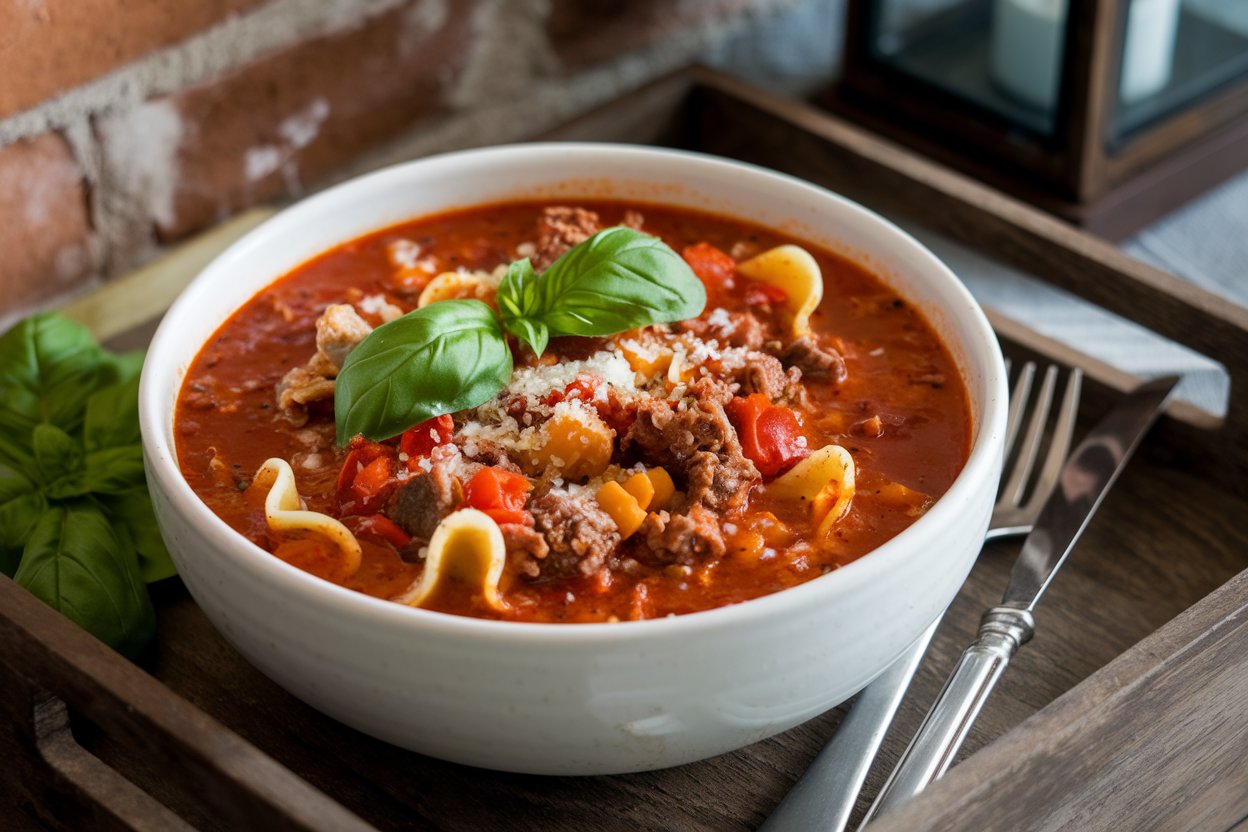 A steaming bowl of high-protein lasagna soup garnished with fresh basil and grated parmesan.