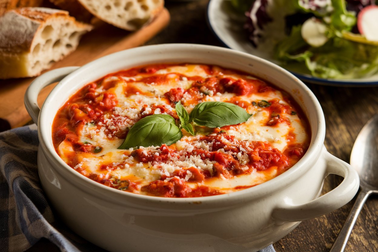 A bowl of creamy Alfredo lasagna soup garnished with fresh basil and grated Parmesan