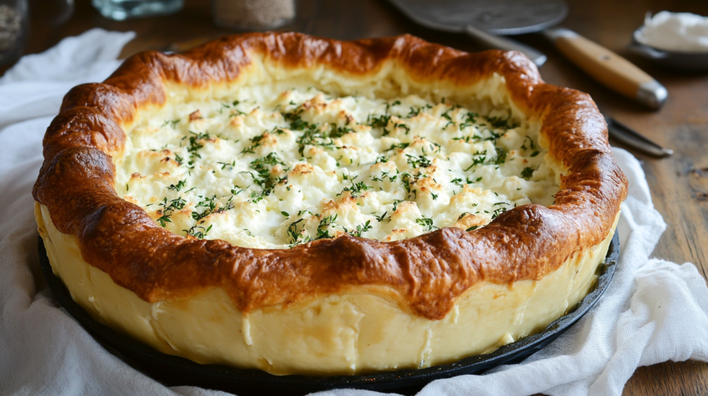 A freshly baked cottage cheese dish with golden edges
