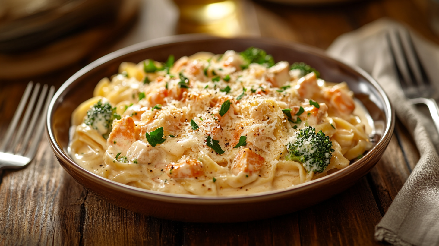 A bowl of Instant Pot Chicken Fettuccine Alfredo with broccoli topped with Parmesan cheese and parsley.