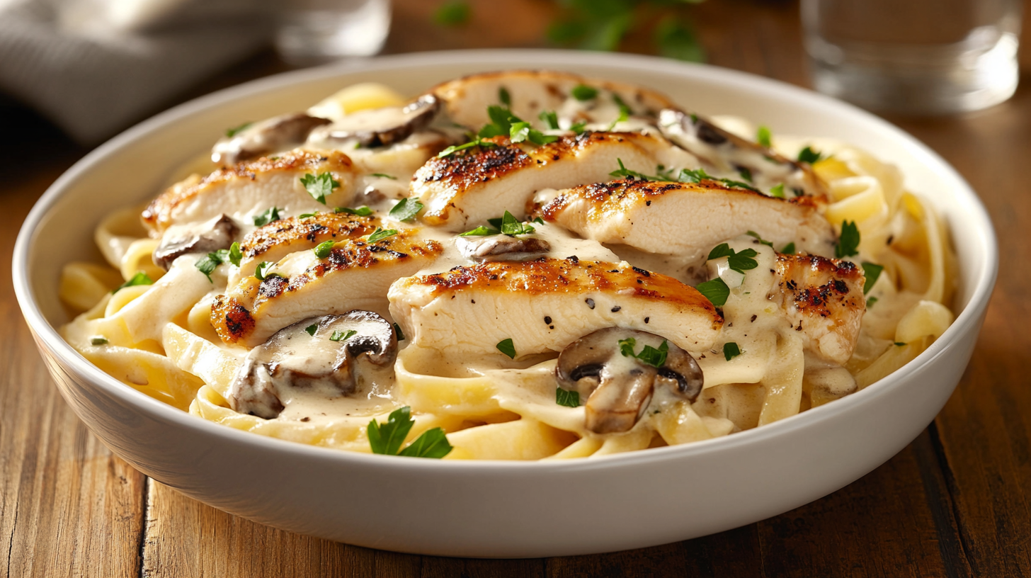 Healthy chicken and mushroom fettuccine Alfredo garnished with parsley