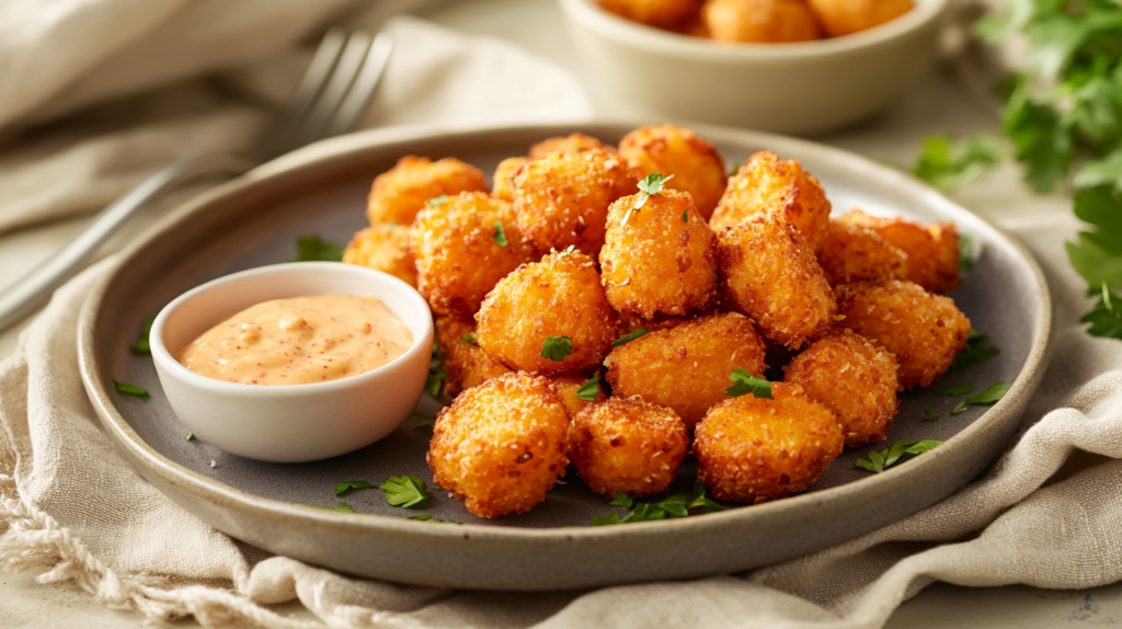 A plate of sweet potato cubes served with a creamy dipping sauce