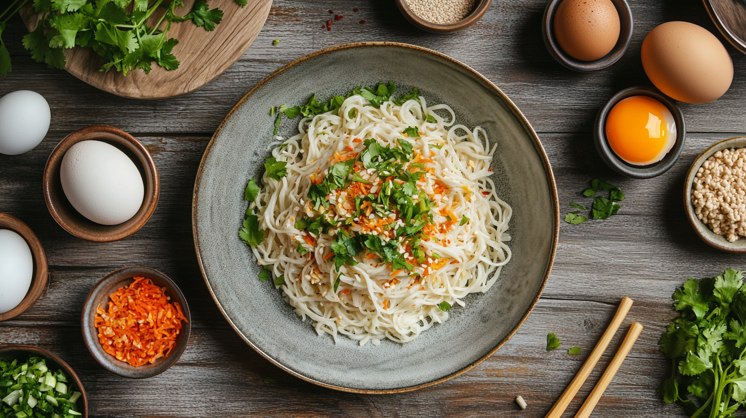 A dish of egg white noodles garnished with herbs and served with fresh ingredients.