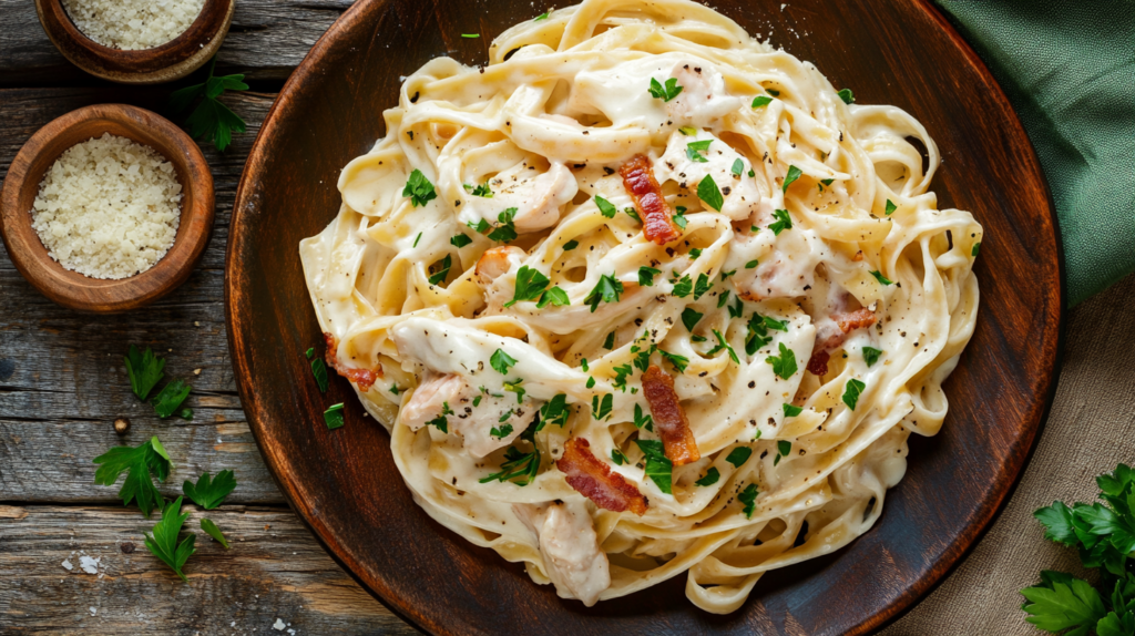 A steaming plate of Bacon and Chicken Fettuccine Alfredo garnished with parsley.