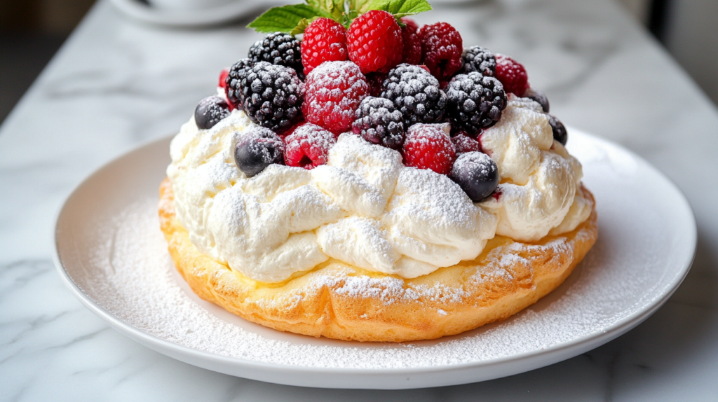 A delicate Cloud Cake dusted with powdered sugar and garnished with berries.