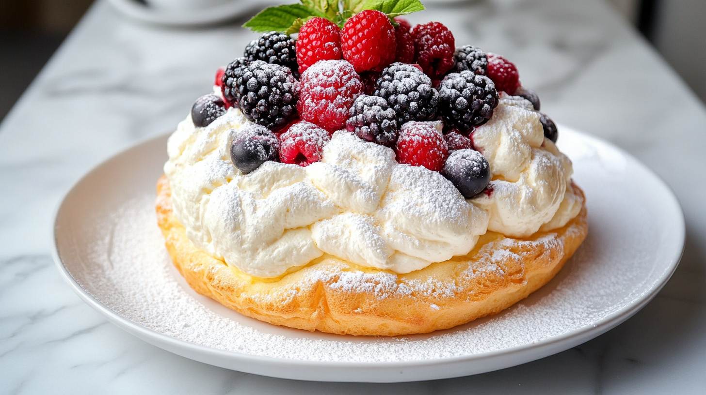 A delicate Cloud Cake dusted with powdered sugar and garnished with berries.