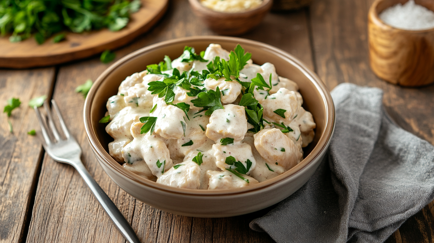 A bowl of creamy chicken Alfredo pasta with parsley garnish.
