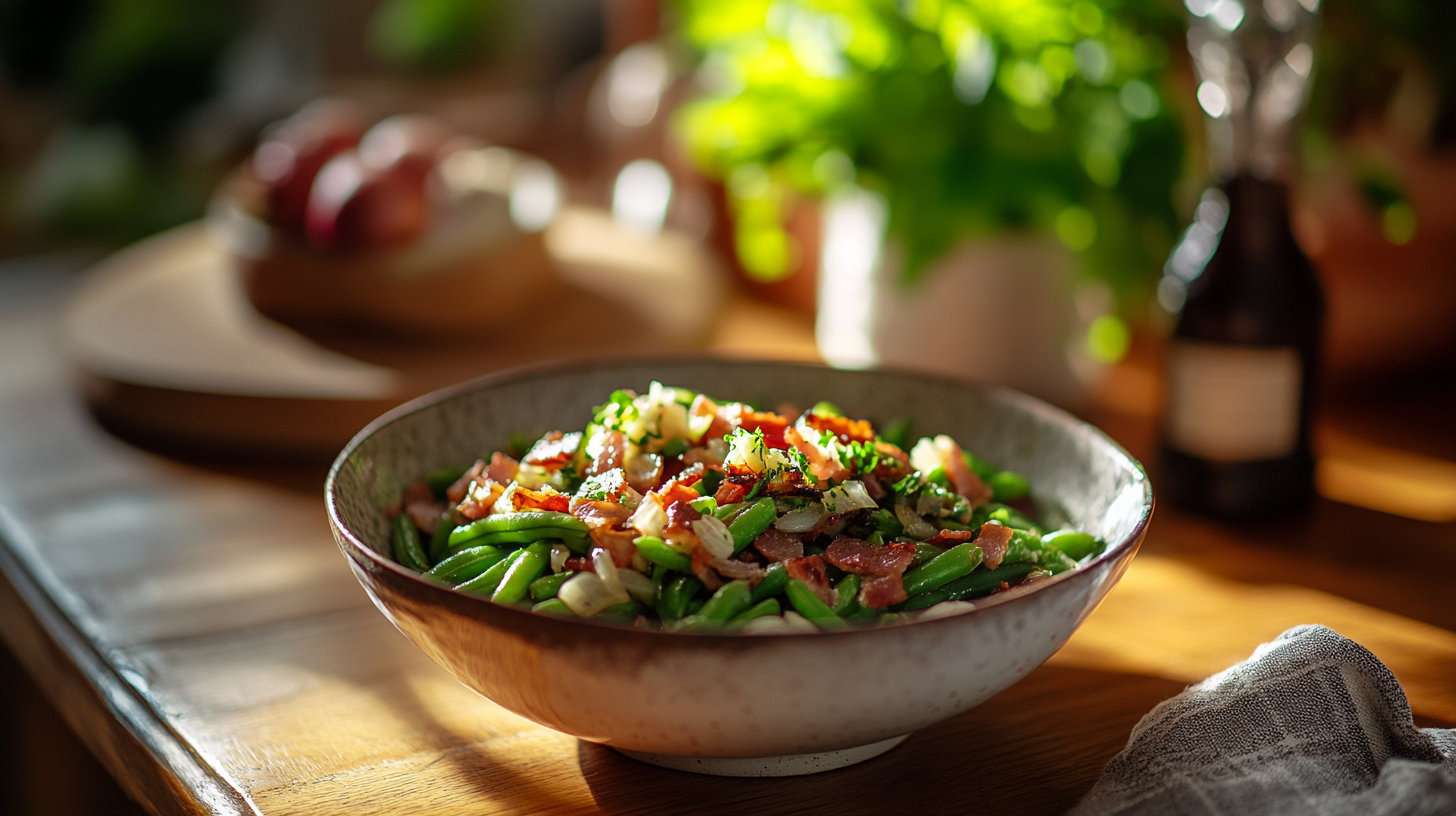 A bowl of Texas Roadhouse-style green beans with bacon and onions.