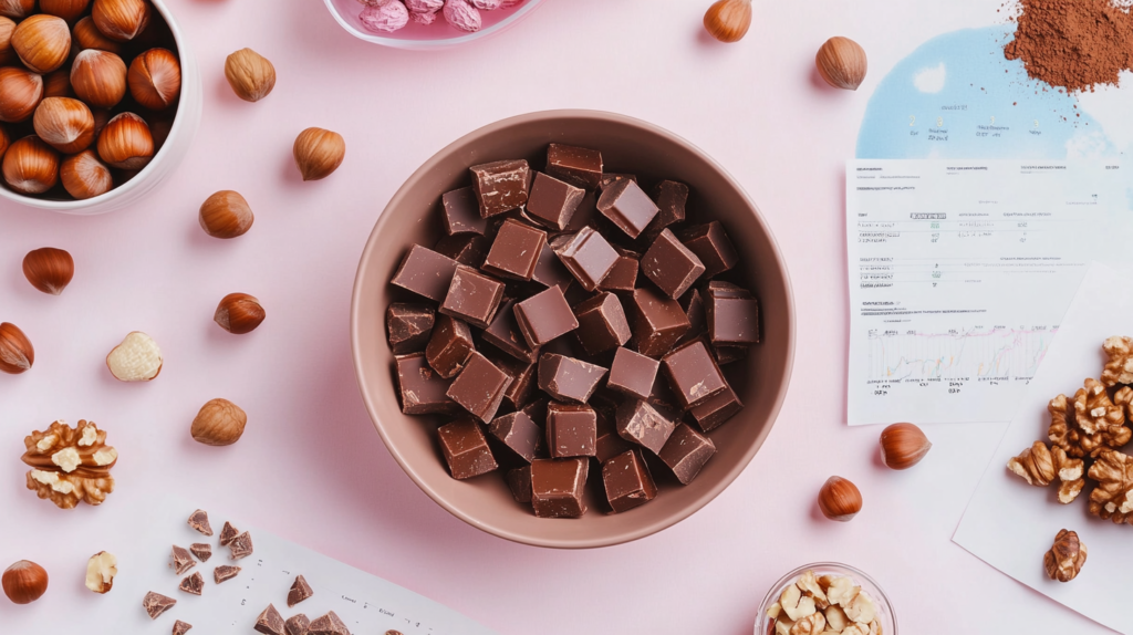 A bowl of hazelnut chocolate pieces surrounded by hazelnuts and a nutrition chart.