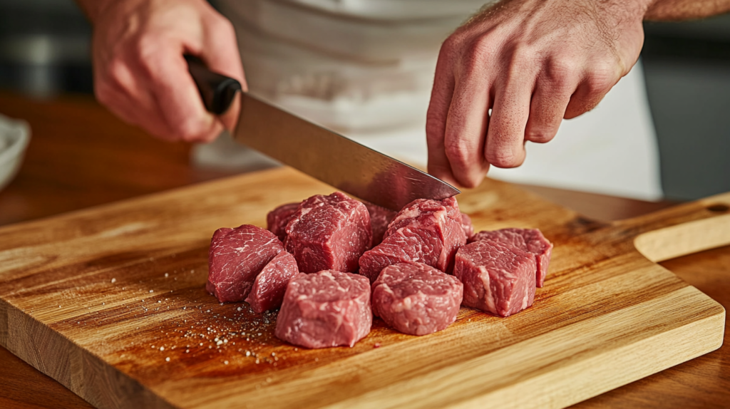 Chef trimming beef tenderloin medallions with a knife