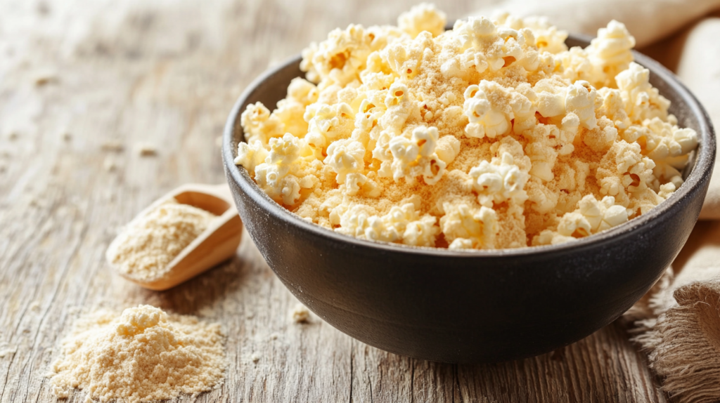 Bowl of protein popcorn with a sprinkle of protein powder.