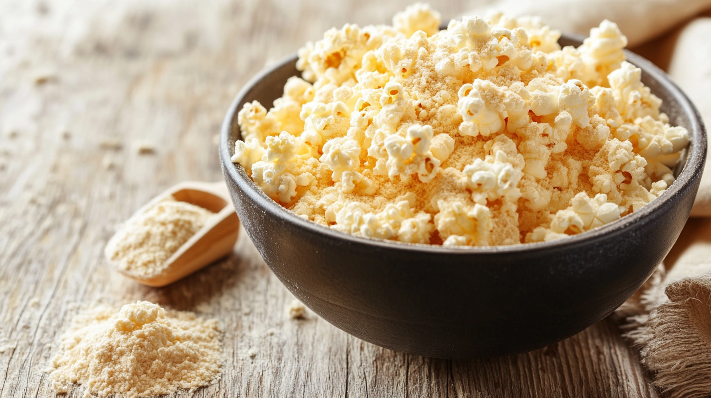Bowl of protein popcorn with a sprinkle of protein powder.