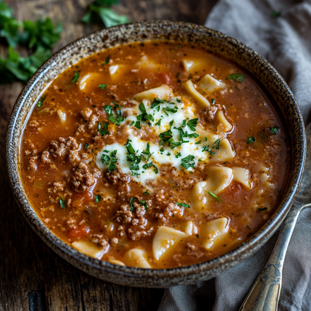 Bowl of high-protein lasagna soup garnished with parsley