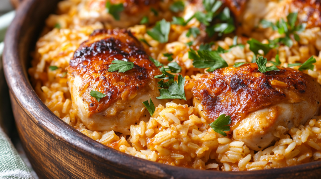 A freshly baked Forgotten Chicken casserole with a golden crust, served in a rustic dish.