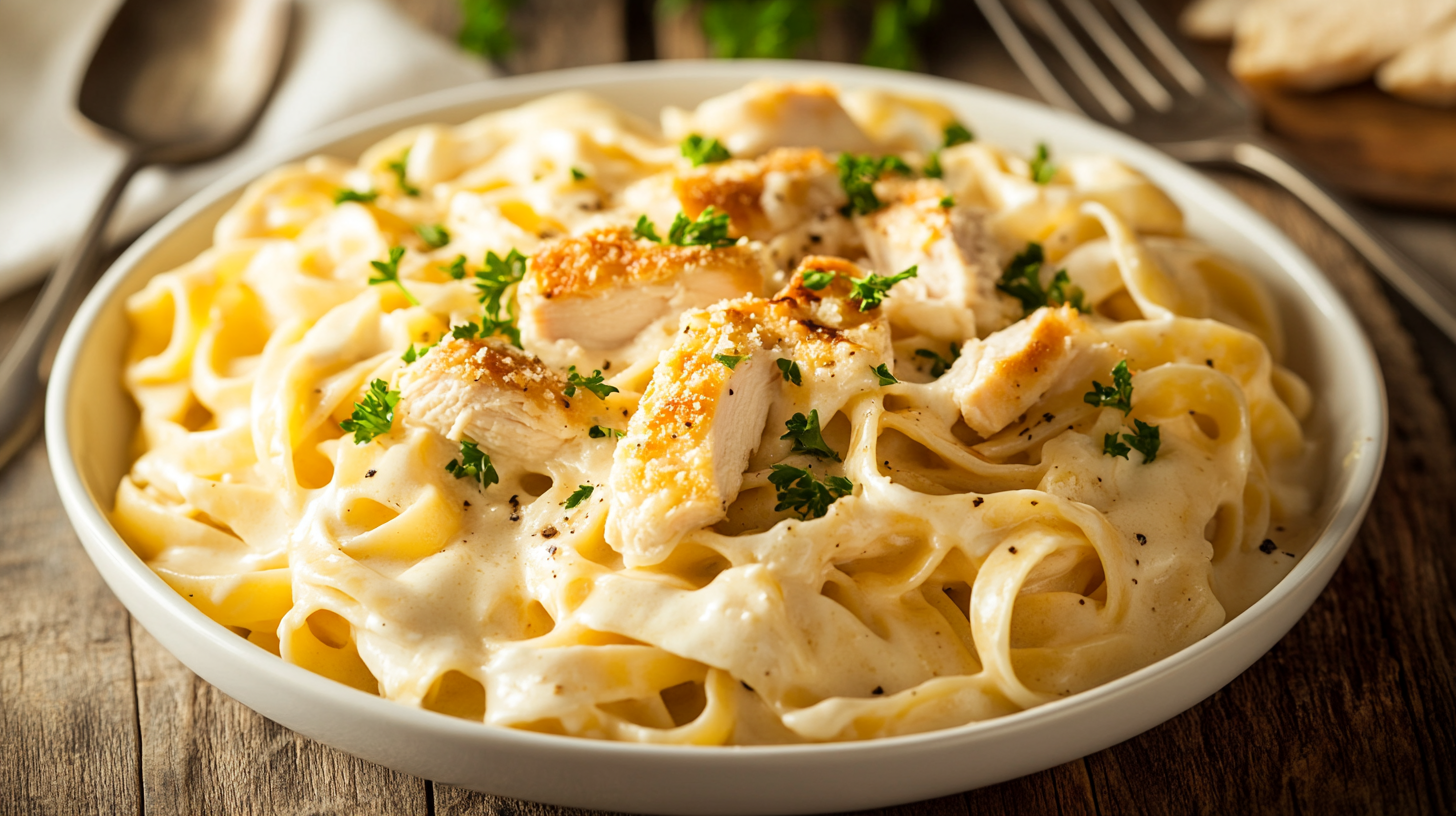 Baked chicken fettuccine Alfredo served in a white dish with golden cheese topping