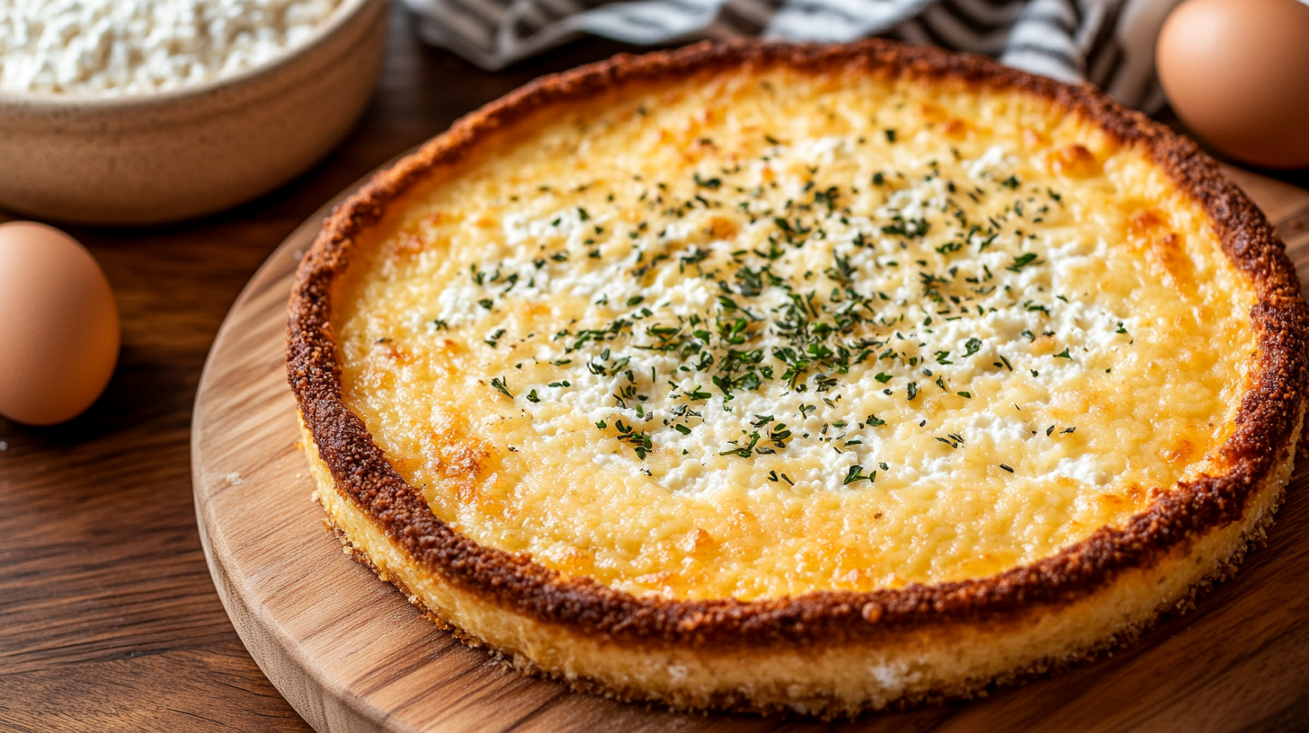 Freshly baked cottage cheese pizza crust on a cutting board with ingredients around.