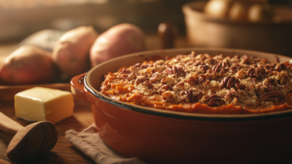 A beautifully baked sweet potato casserole with a golden pecan topping in a rustic kitchen setting.