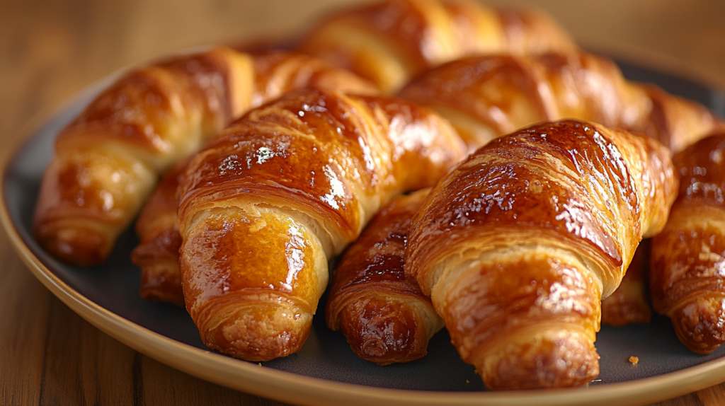 A plate of golden-brown Jewish Rugelach pastries arranged neatly.
