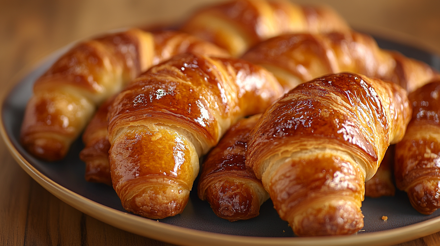 A plate of golden-brown Jewish Rugelach pastries arranged neatly.