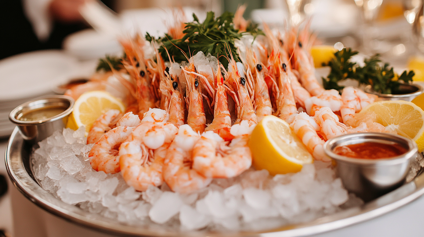 A beautifully arranged shrimp cocktail platter with lemon wedges and dipping sauces