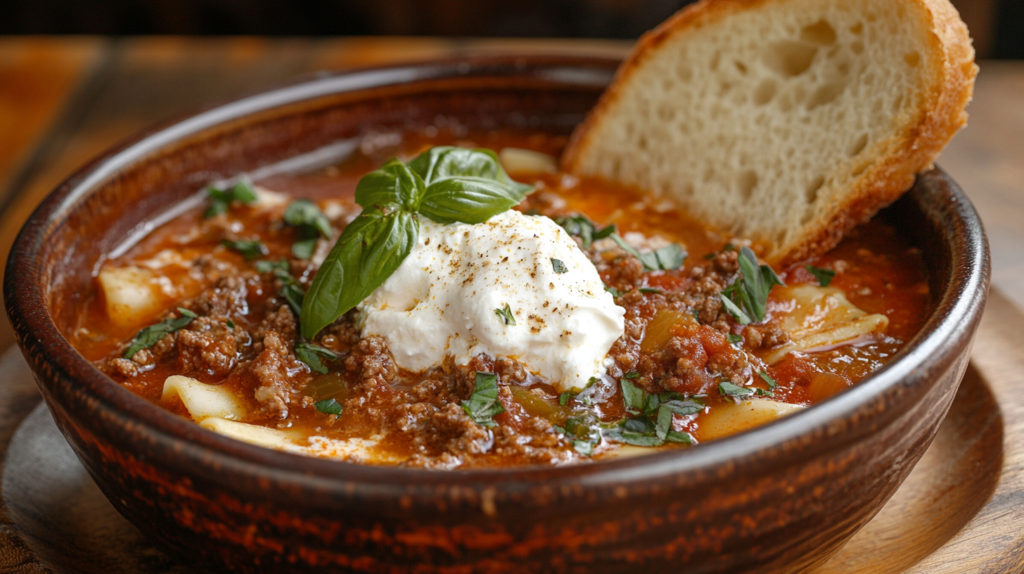 A steaming bowl of lasagna soup topped with fresh basil and melted mozzarella cheese.
