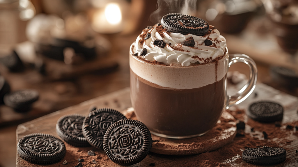 A steaming cup of hot chocolate with Oreo topped with whipped cream and crushed cookies