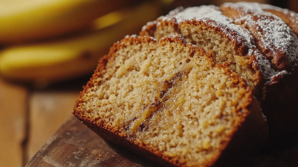 Freshly baked 3-ingredient banana bread on a wooden board.