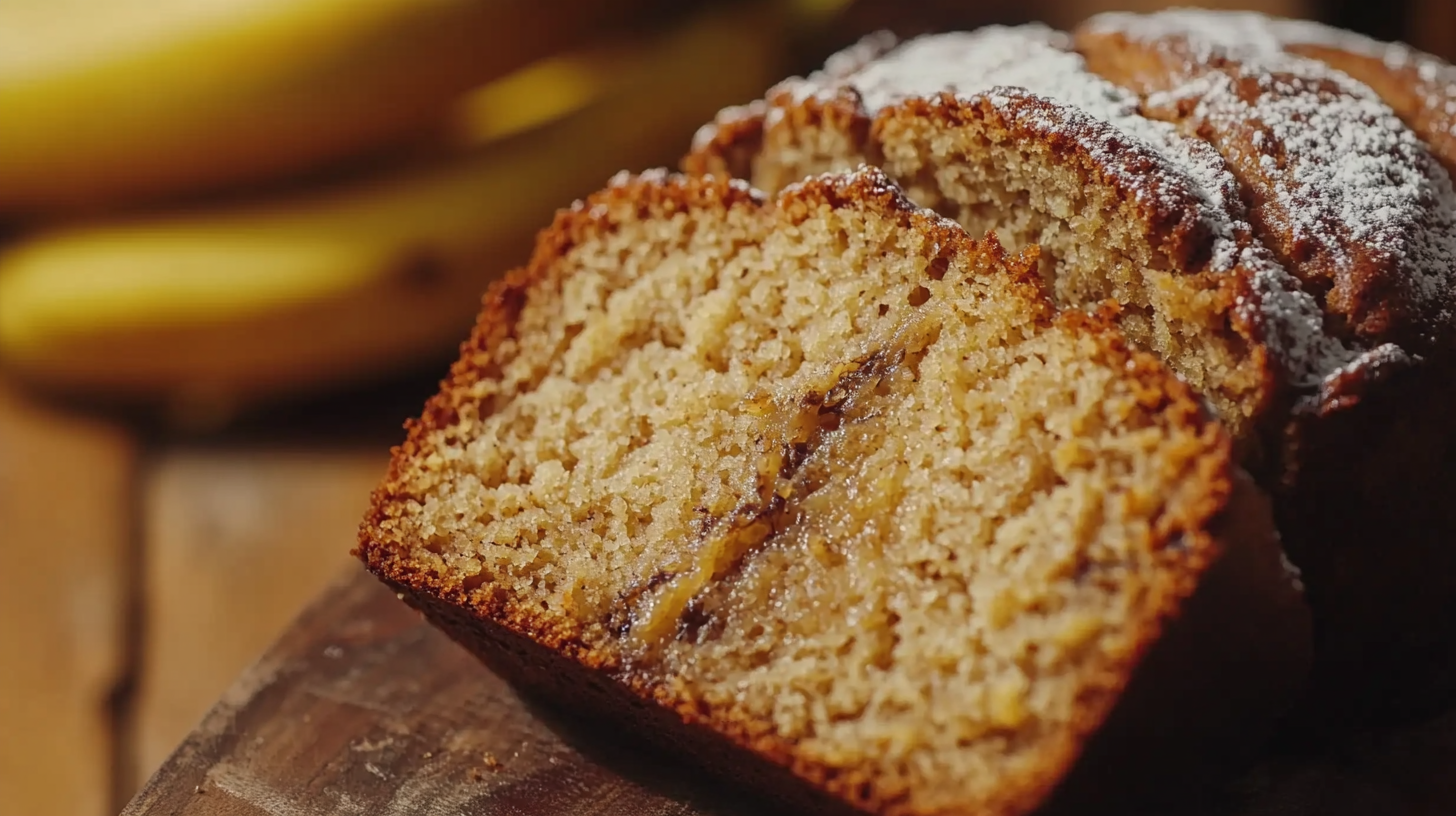 Freshly baked 3-ingredient banana bread on a wooden board.