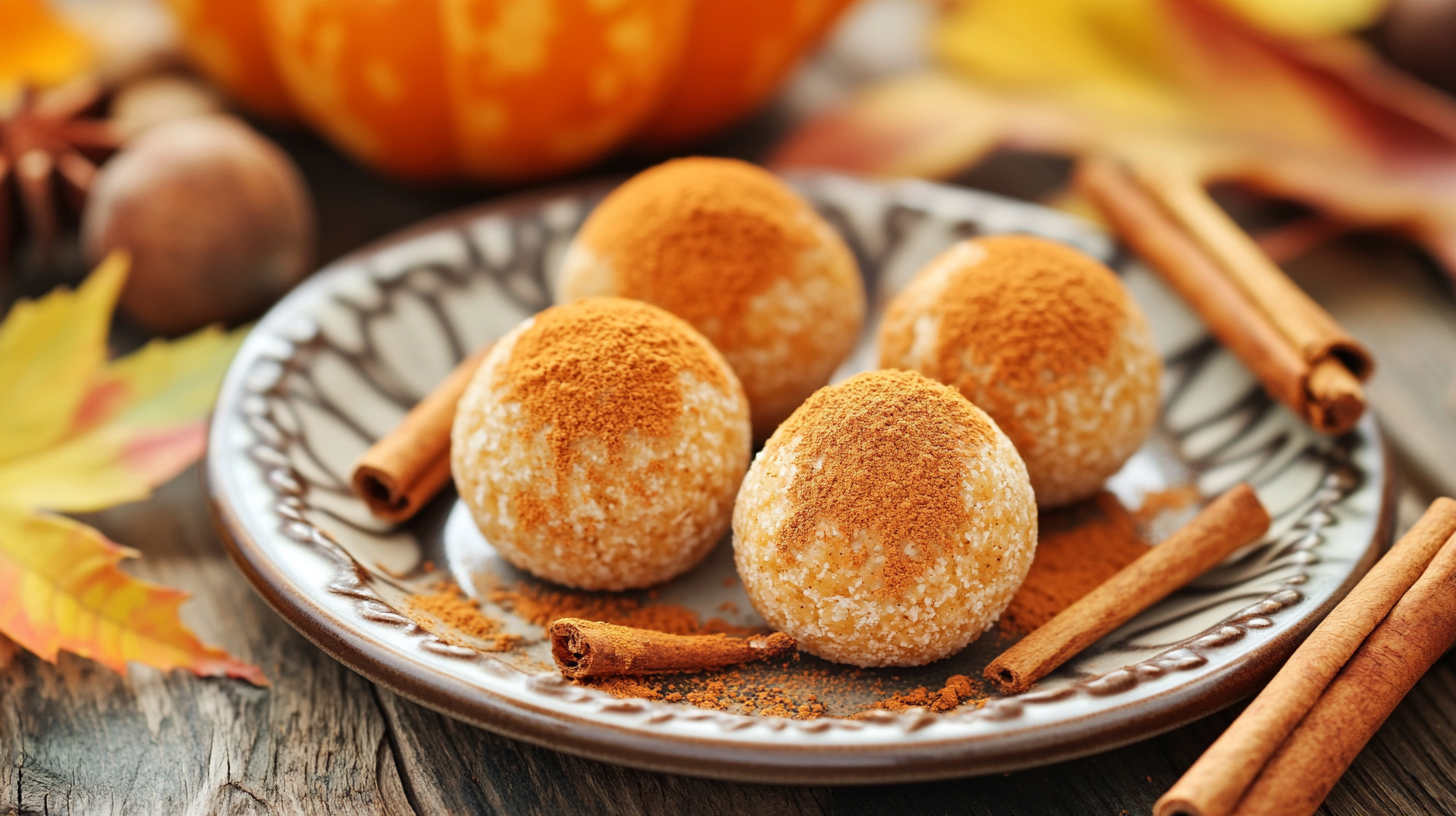 A plate of no-bake pumpkin cheesecake balls coated in graham cracker crumbs.