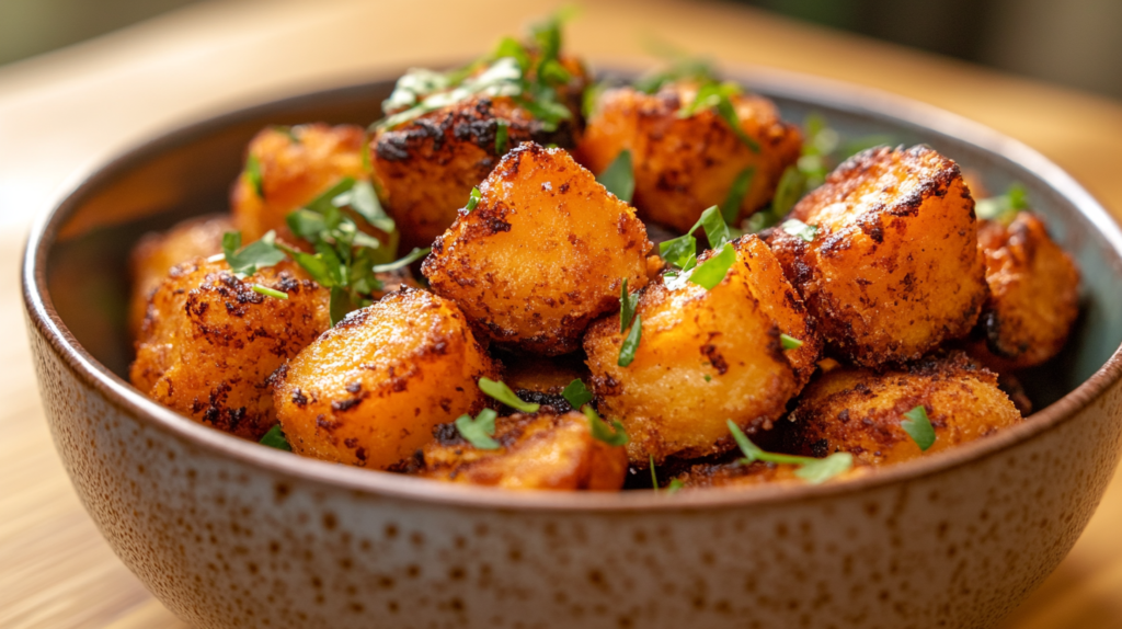 Crispy air-fried sweet potato cubes in a bowl with seasoning.