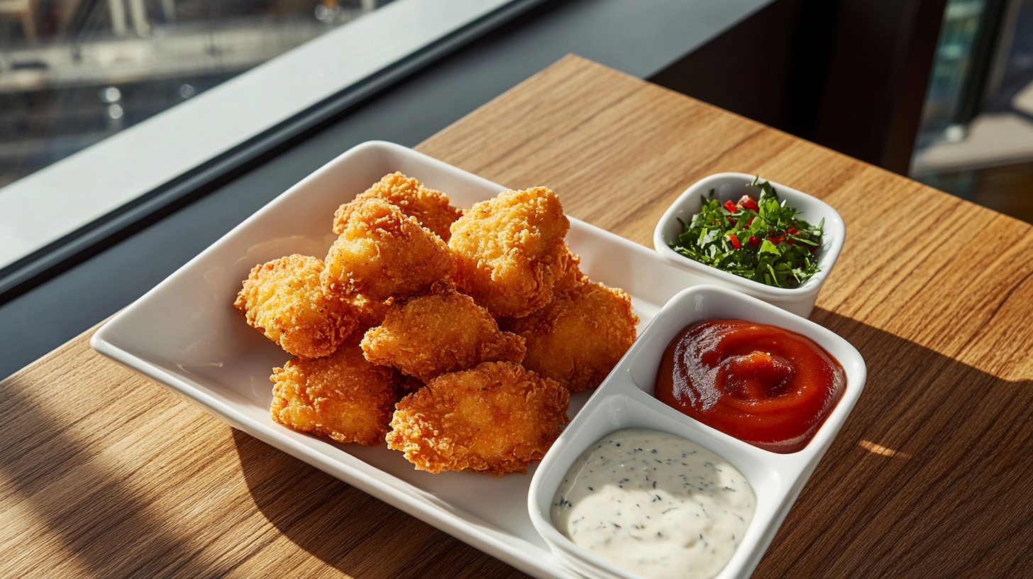 Plate of golden homemade chicken nuggets with dipping sauce.