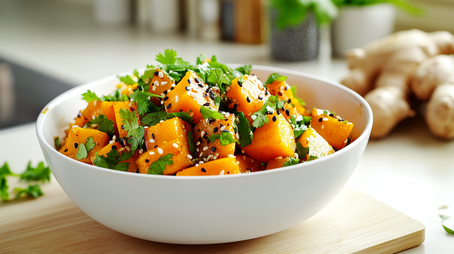 A bowl of stir-fried Kabocha squash with garlic and ginger.