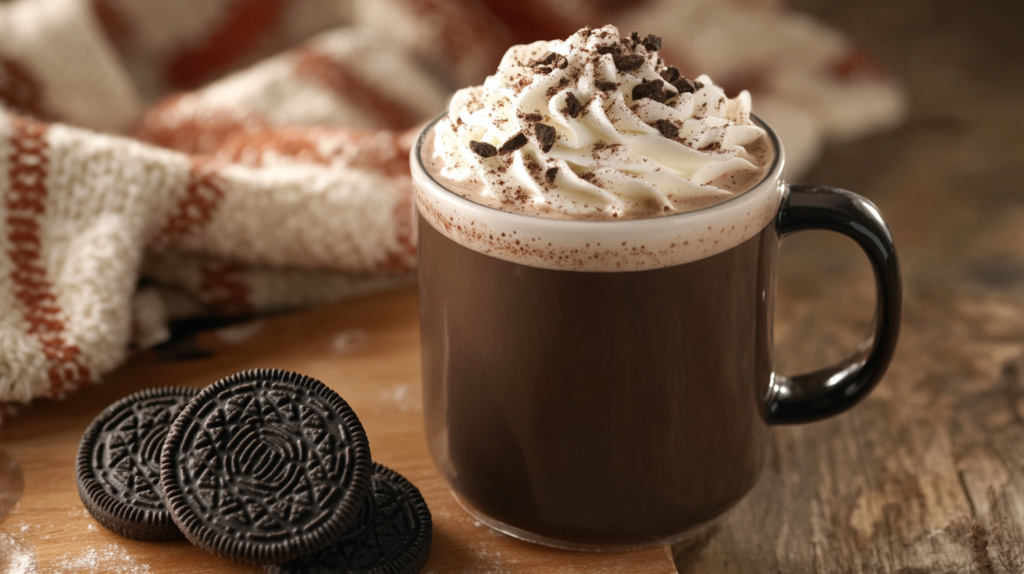 A cup of hot chocolate with whipped cream and Oreo topping on a wooden table.
