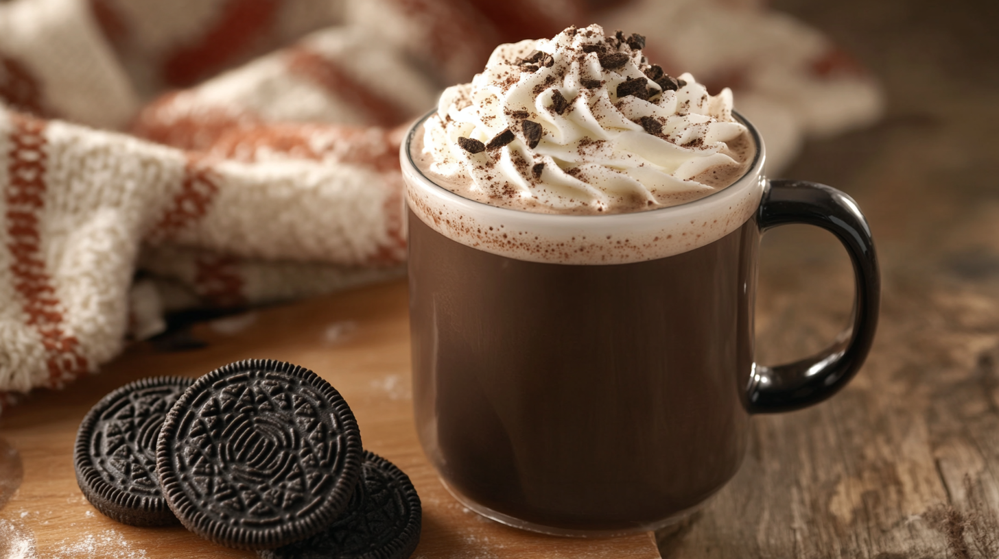 A cup of hot chocolate with whipped cream and Oreo topping on a wooden table.