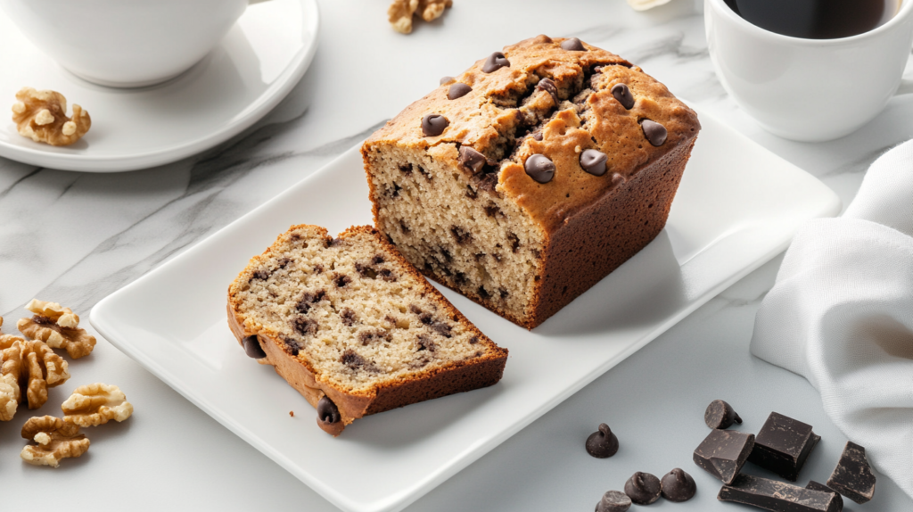 Banana bread topped with chocolate chips and nuts.