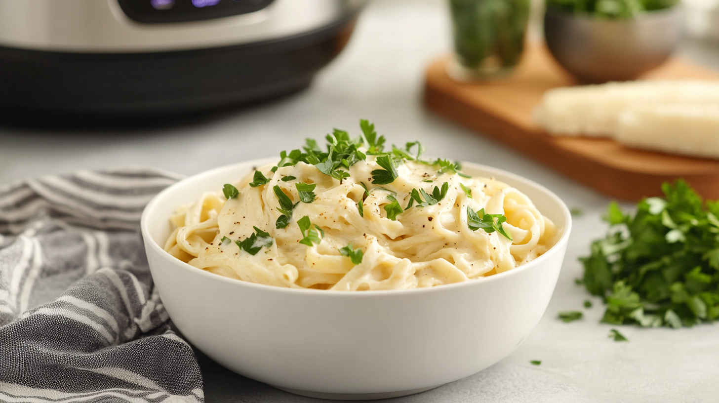 Instant Pot fettuccine noodles cooked and served with creamy Alfredo sauce.