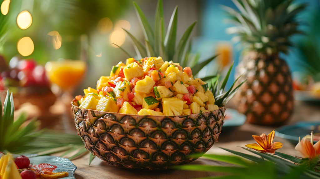 A tropical-themed table with a fresh pineapple bowl filled with fruit salad.