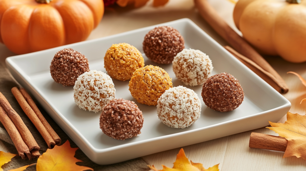 A platter of pumpkin cheesecake balls served with fall decor.