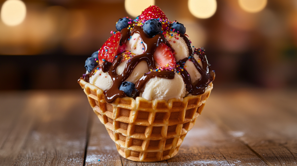 Bubble waffle ice cream with colorful toppings.