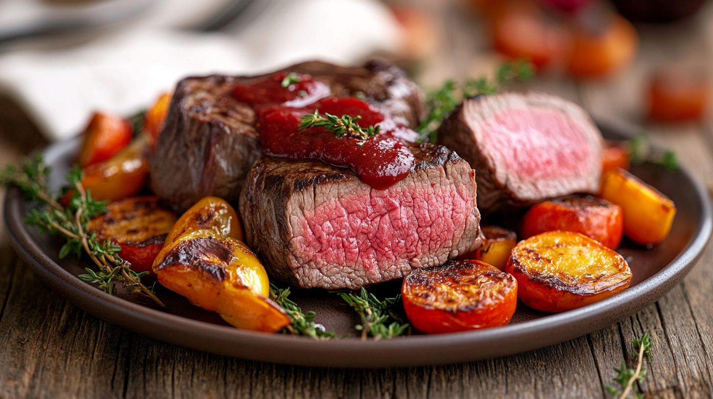 Plated beef tenderloin medallions with sauce and sides