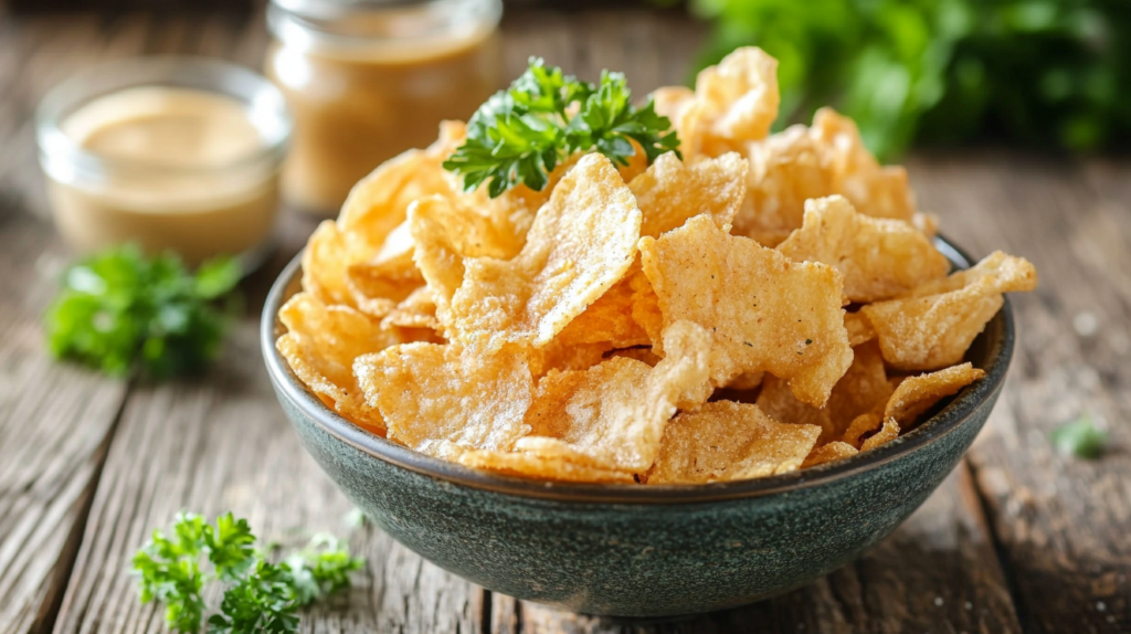 A bowl of golden chicken cracklings with dipping sauce in the background.