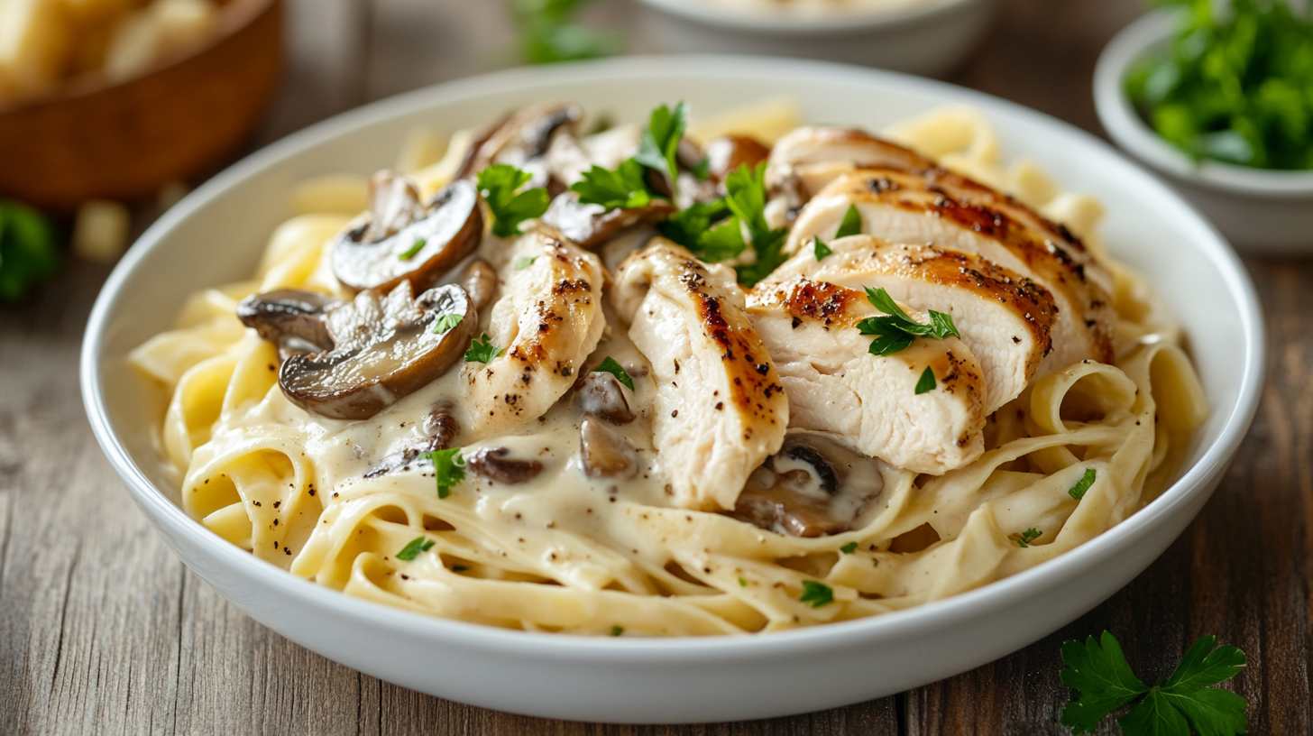 A plated serving of Chicken and Mushroom Fettuccine Alfredo