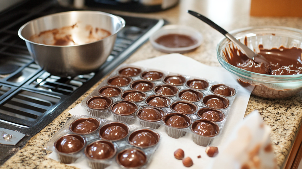 Homemade hazelnut chocolate in molds with tools and ingredients.