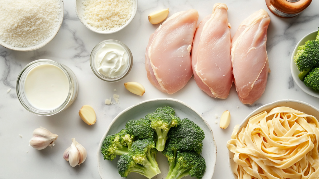 Fresh ingredients for Chicken Fettuccine Alfredo, including chicken, pasta, broccoli, Parmesan cheese, and garlic.