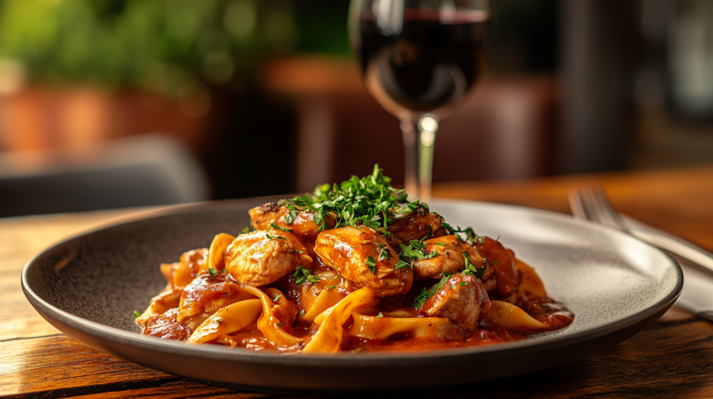 A steaming plate of chicken fettuccine with creamy sauce garnished with parsley, placed on a rustic wooden table.