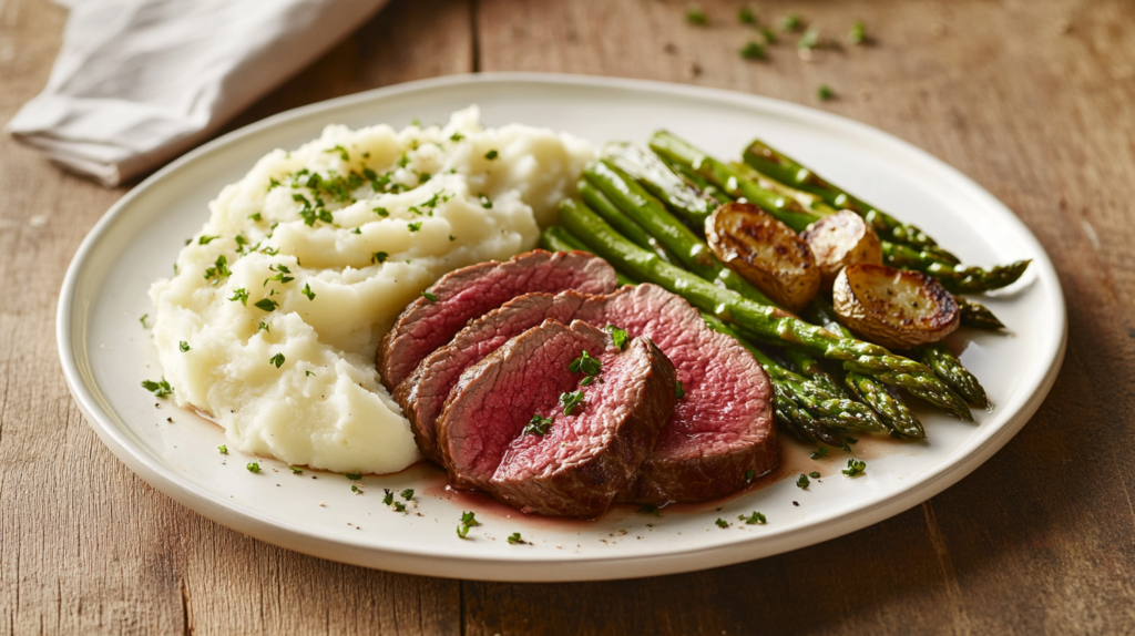 Beef medallions served with mashed potatoes and roasted asparagus.