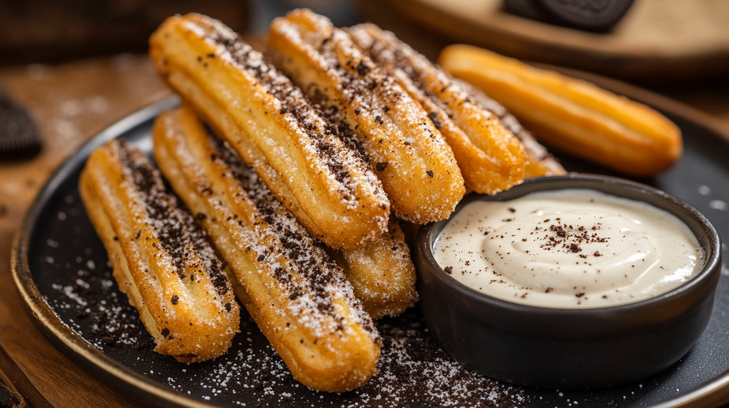 A plate of freshly made Oreo churros with a creamy dipping sauce.