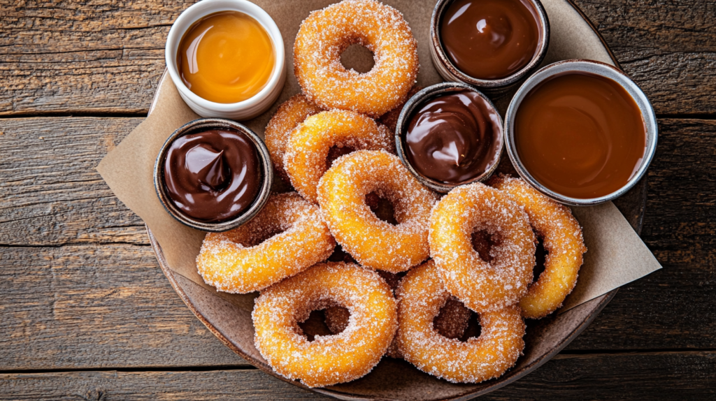 A plate of golden-brown donut fries with cinnamon sugar and dipping sauces.