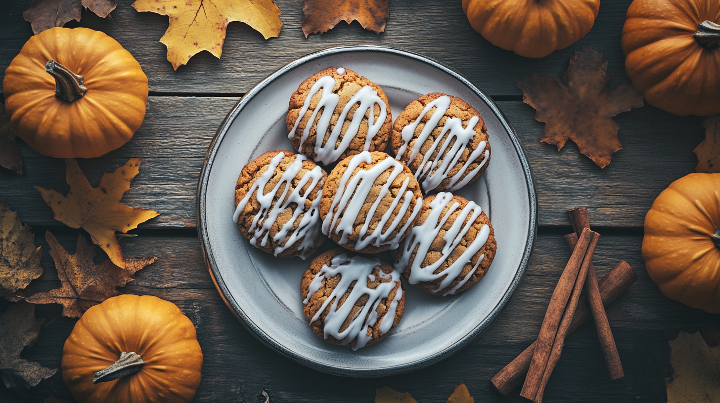 A plate of freshly baked pumpkin pie cookies on a rustic wooden table with fall decorations.