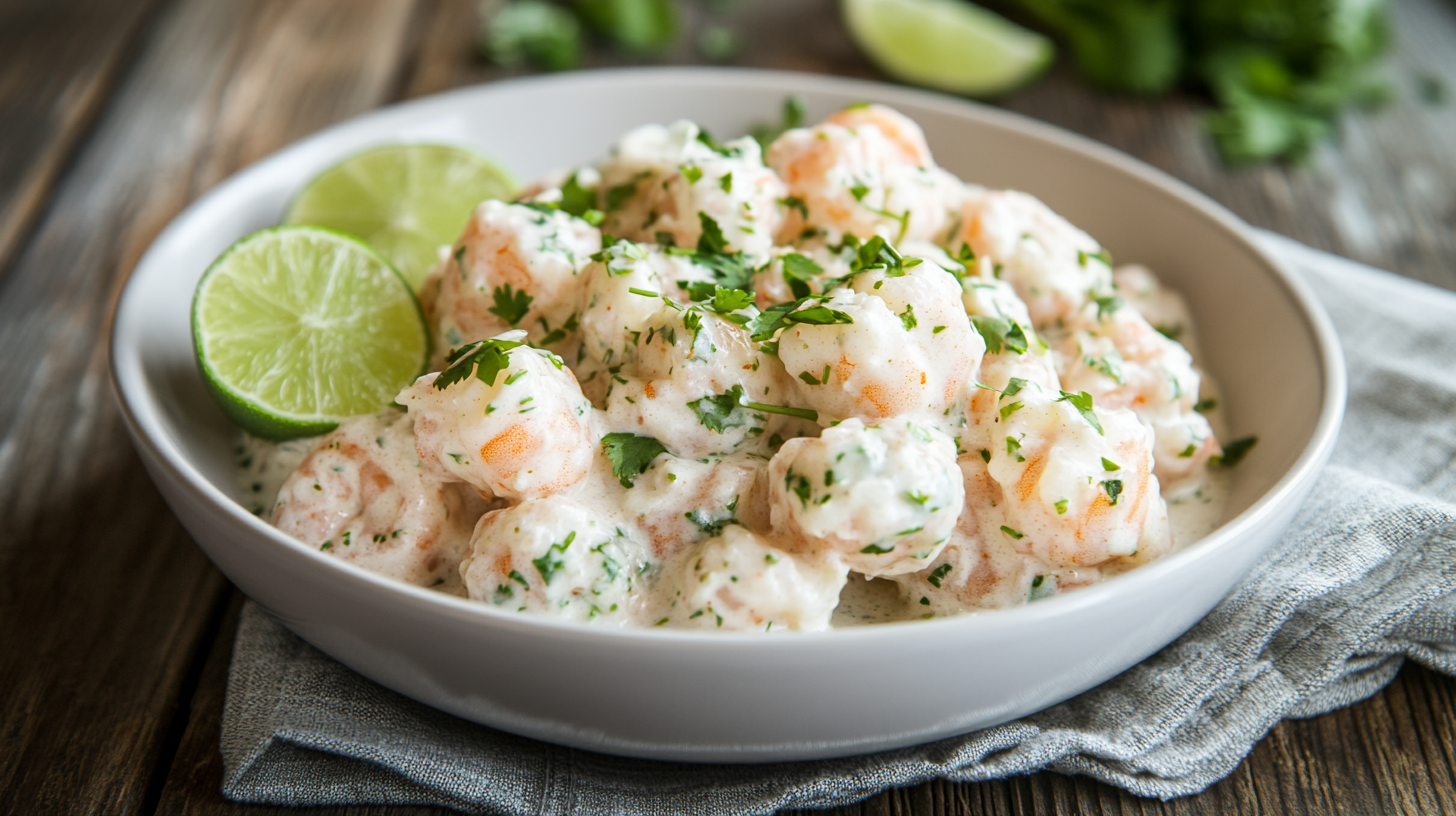 A bowl of creamy coconut shrimp garnished with fresh herbs and lime slices, served on a wooden table with a rustic background.